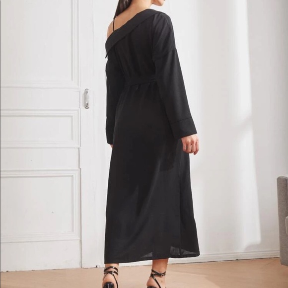 Black Asymmetrical Neckline Midi Dress - Picture 2 of 5